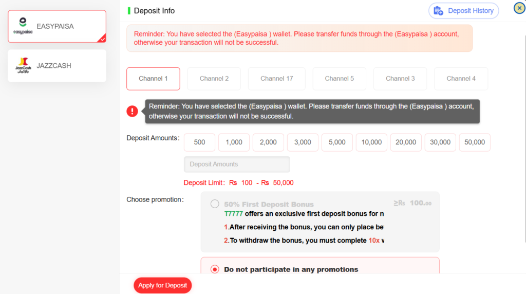 T7777 Deposit Pakistan